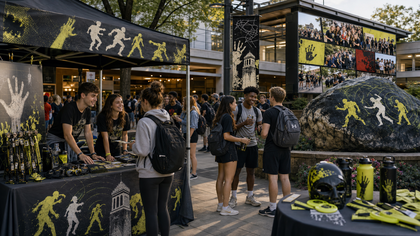 Illustration of an HVZ campus activation booth with dining collaboration, media screens, and students