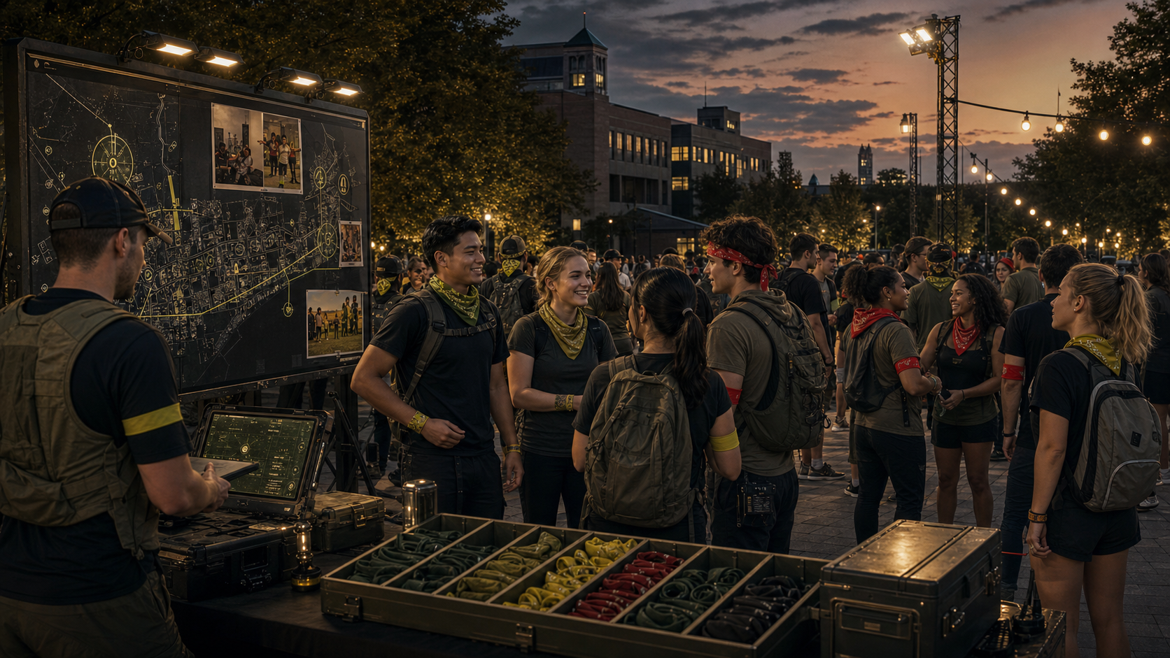 Illustration of an organized campus HVZ briefing with mission board and check-in table