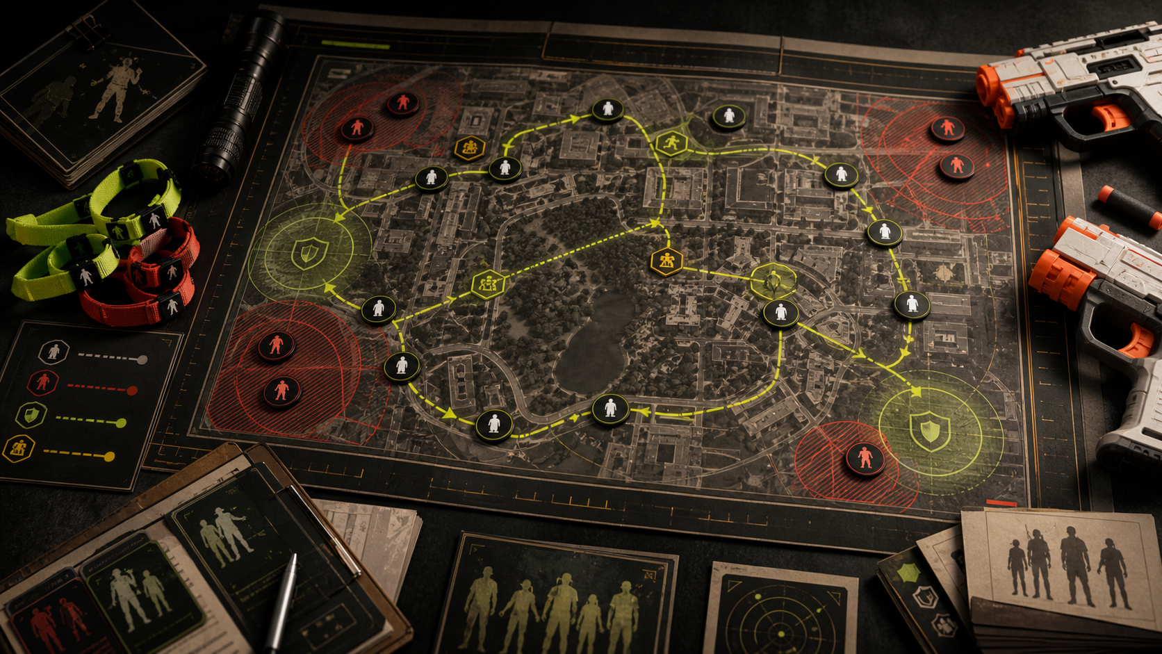 Illustration of a campus map showing HVZ routes, zones, objectives, and game equipment