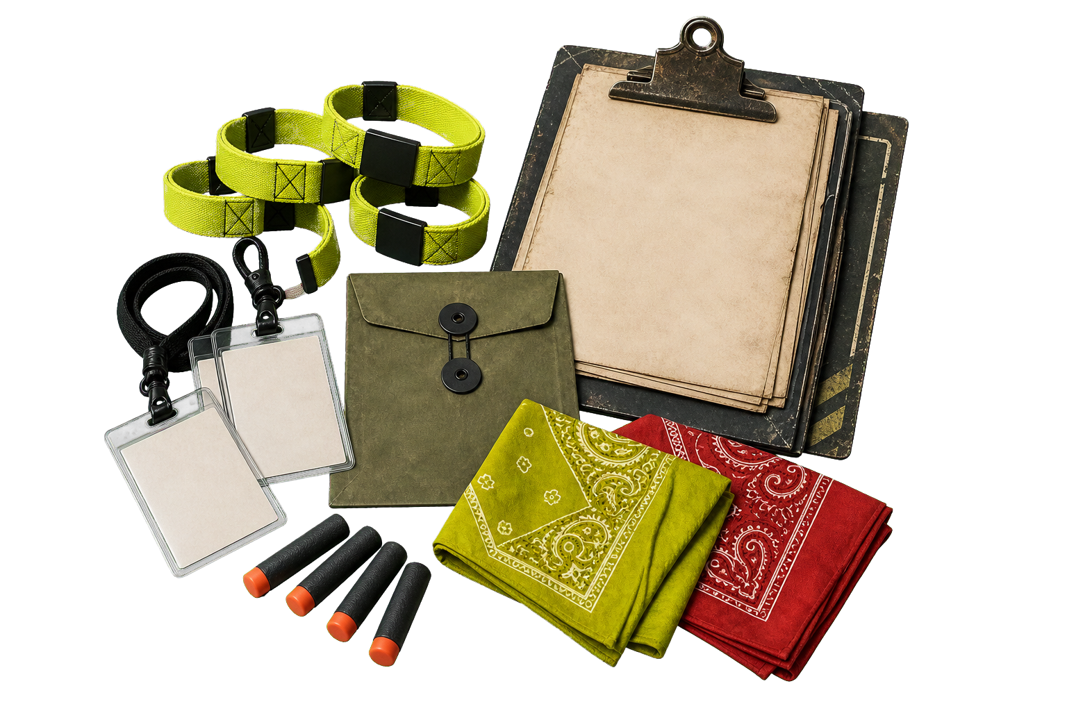 HVZ registration kit with wristbands, bandanas, foam darts, and blank ID cards