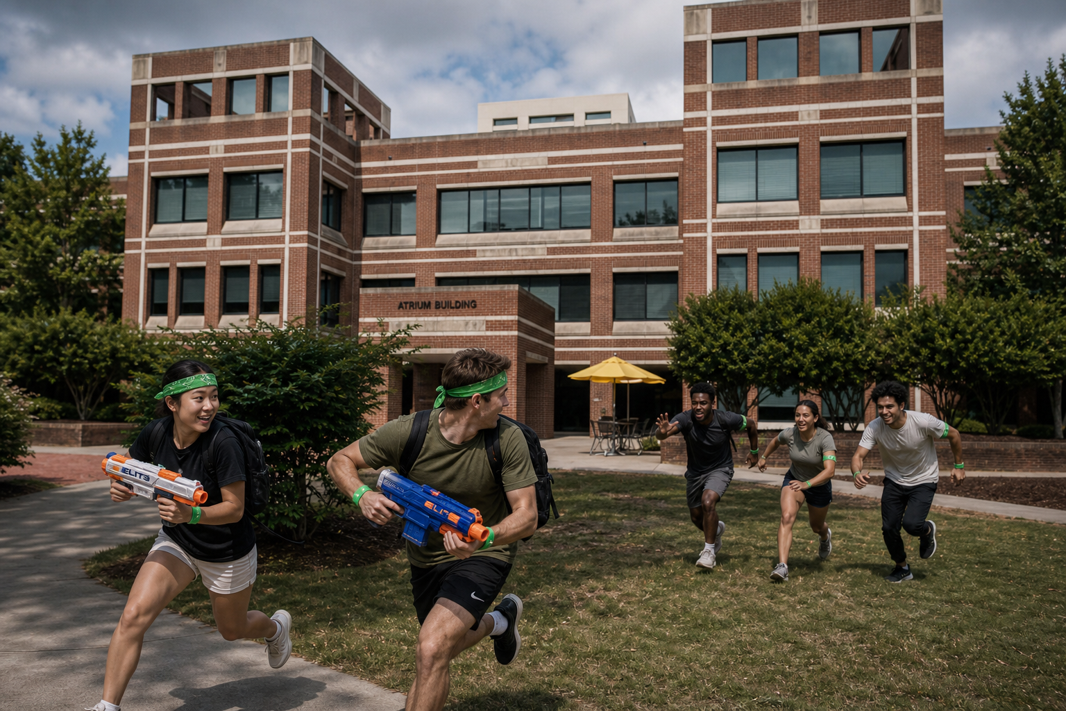 Human players running from zombies outside the Atrium Building
