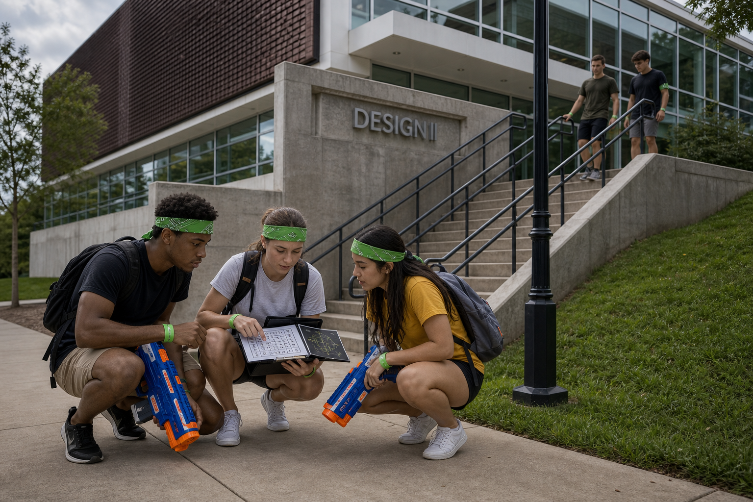 KSU HVZ players studying an objective puzzle near Design II