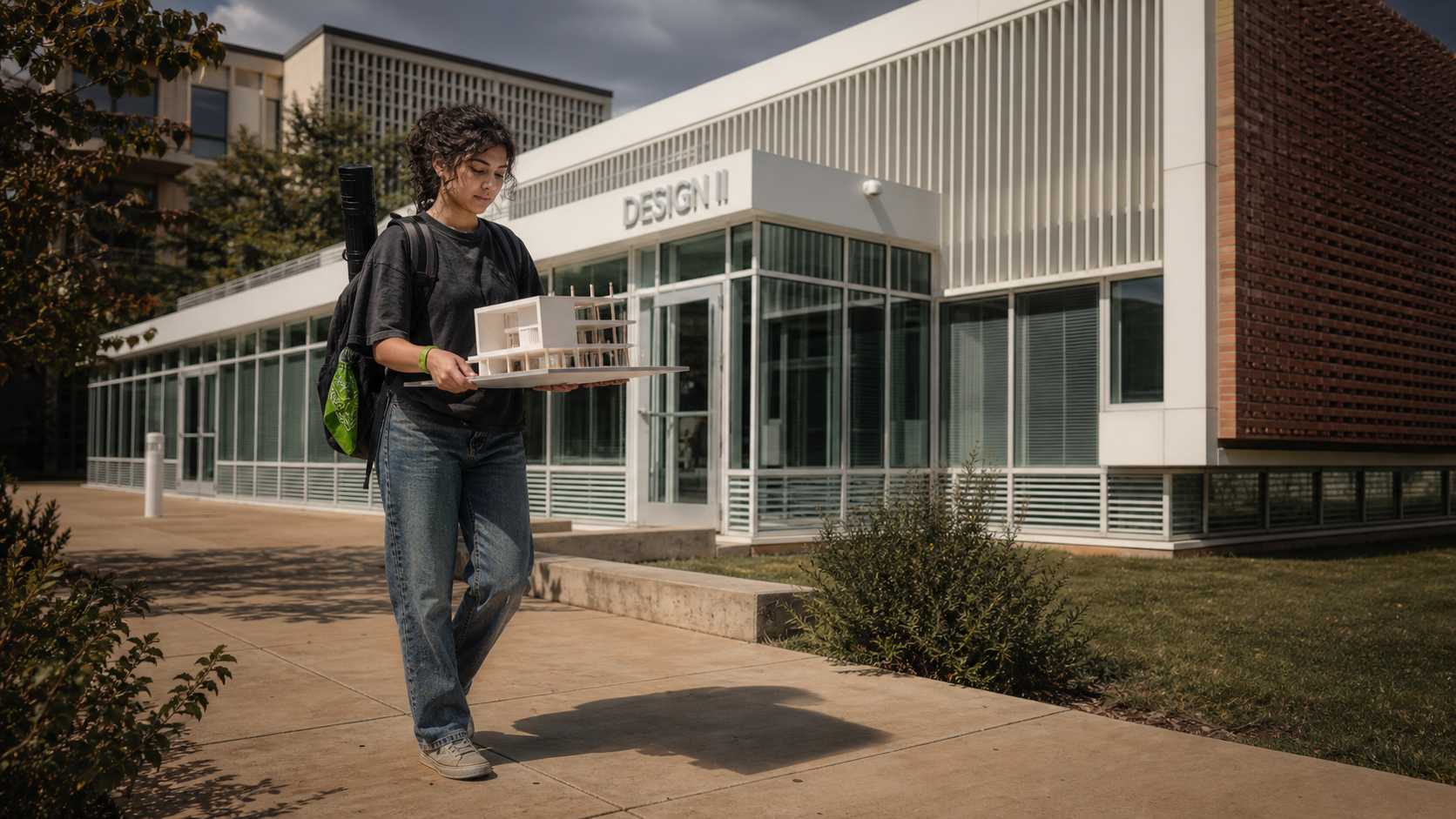 Architecture student carrying a delicate model toward the Design II building while temporarily removed from HVZ gameplay