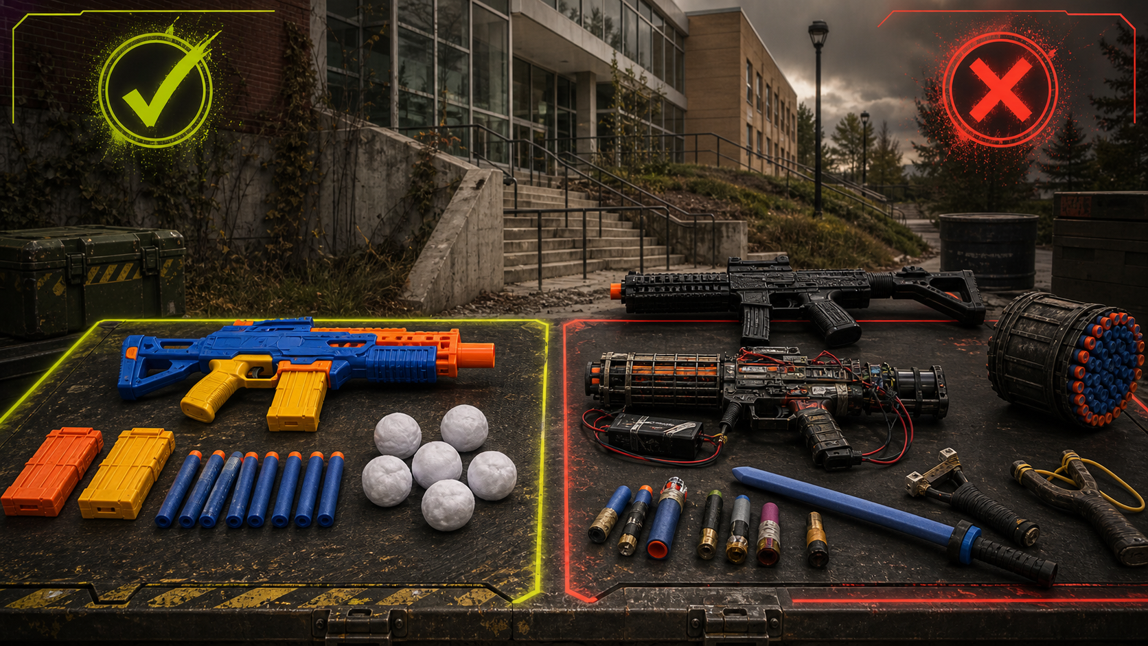 Approved bright foam blaster gear shown beside disallowed realistic and modified equipment examples