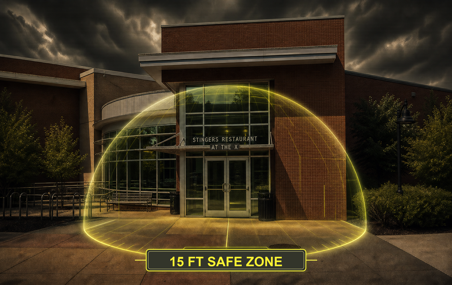 KSU doorway with a glowing 15 foot safe zone forcefield centered at the entrance