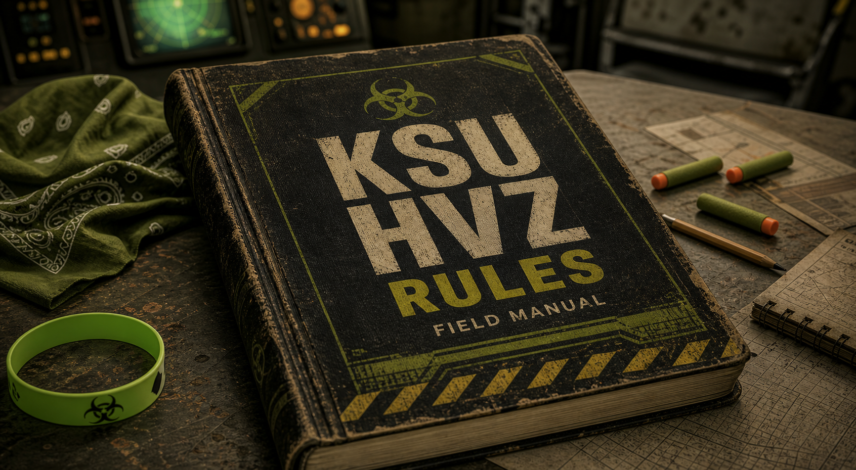 KSU HVZ rules field manual on a tactical briefing table with foam darts, a green bandana, and a player wristband