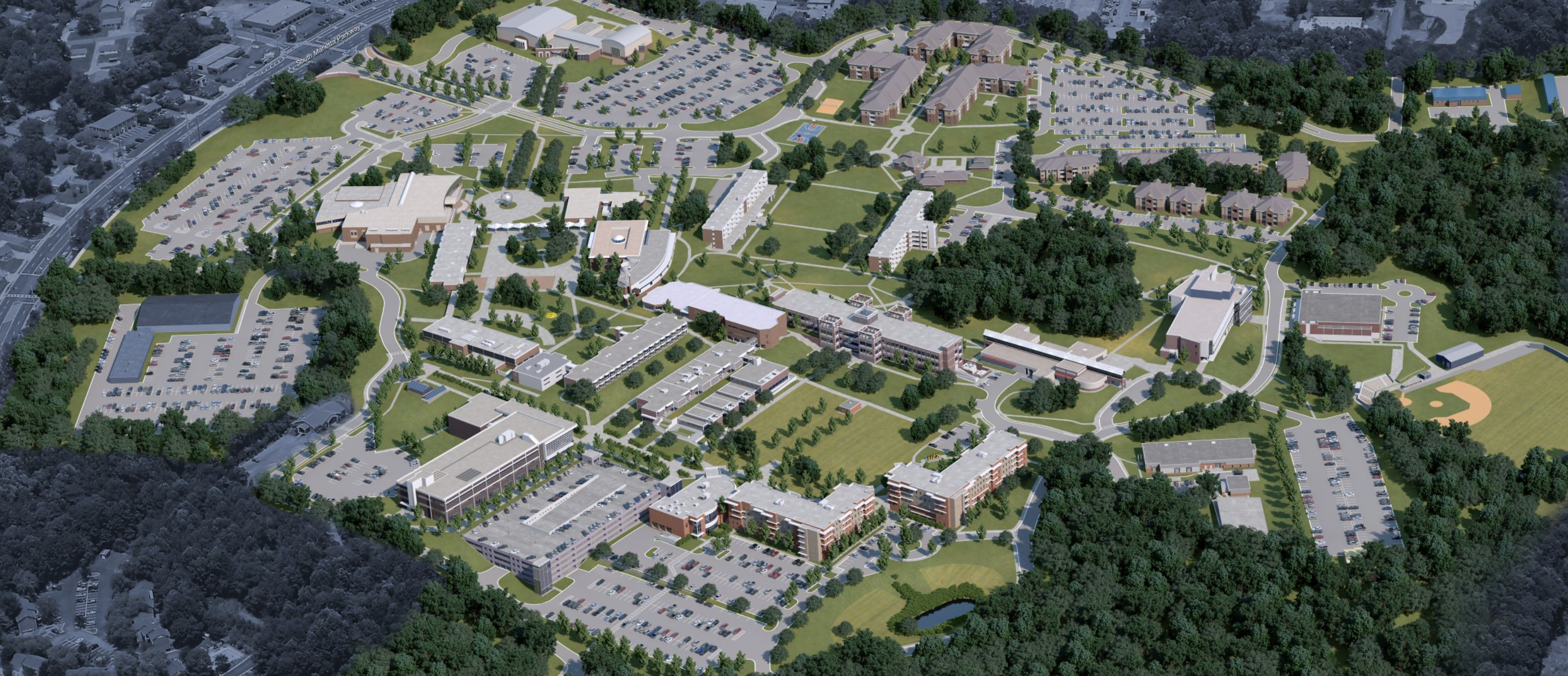 Detailed bird's-eye map of the KSU Marietta campus with roads, buildings, walkways, parking areas, and green spaces
