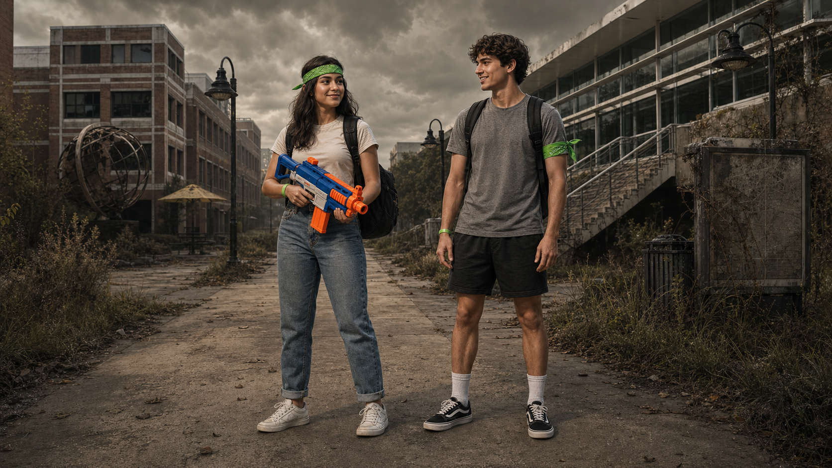 KSU HVZ human and zombie player types showing correct bandana placement, wristbands, and human foam blaster