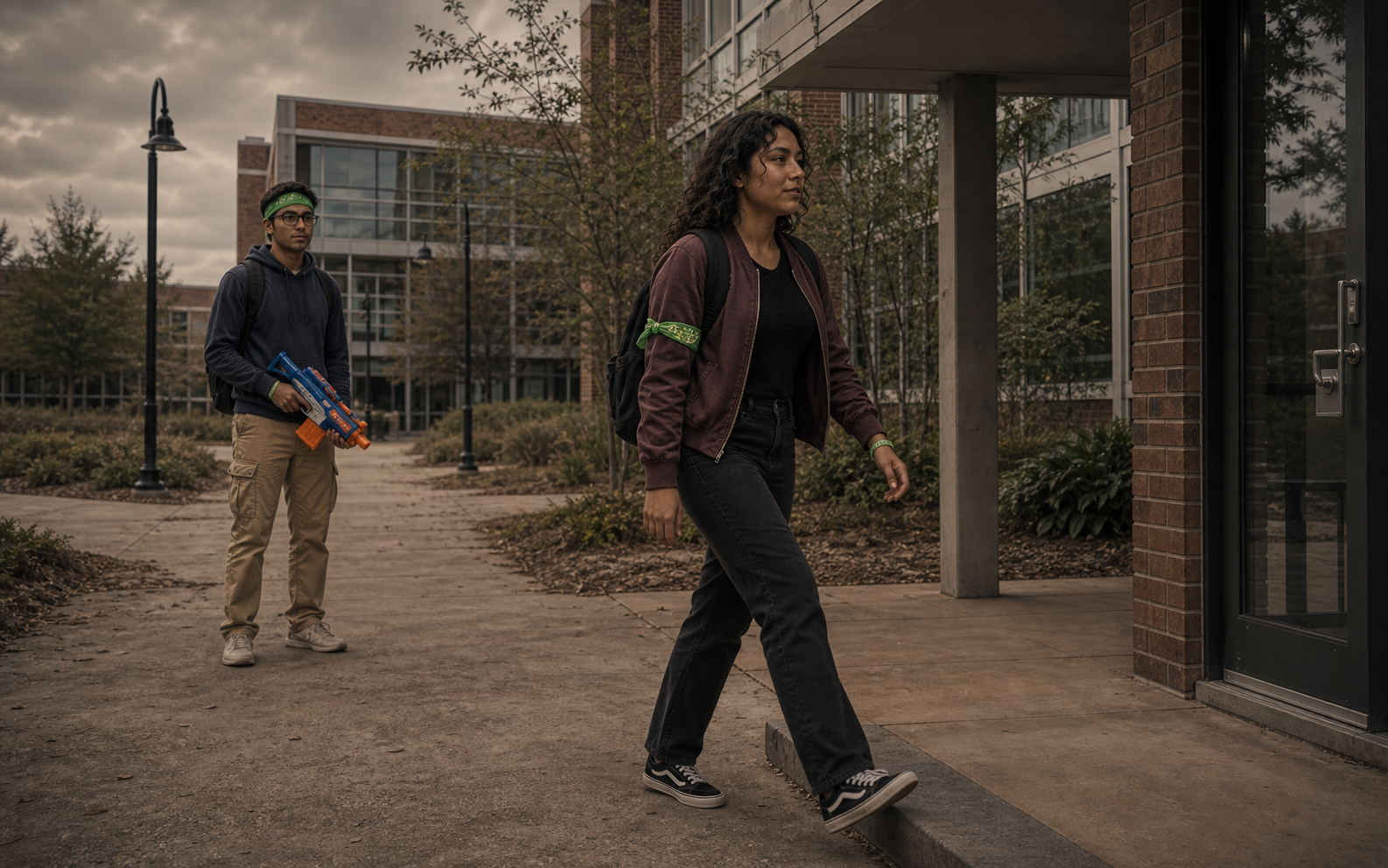 Stunned zombie player walking toward a safe area on campus