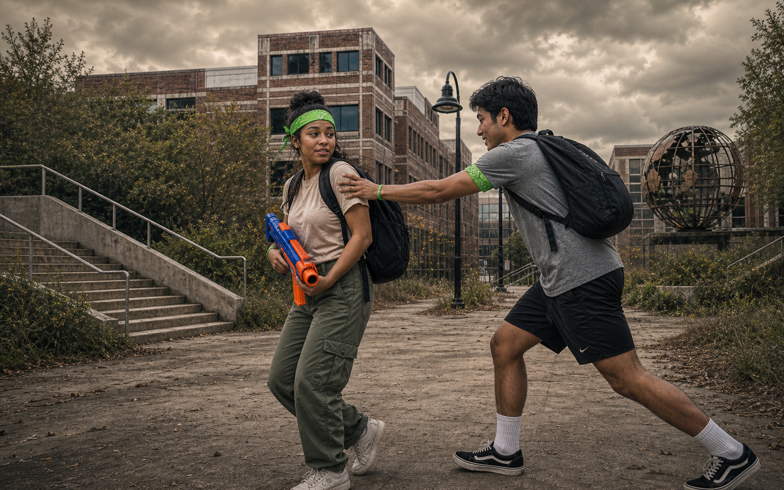 Zombie player tagging a human player on the shoulder on the KSU Marietta campus