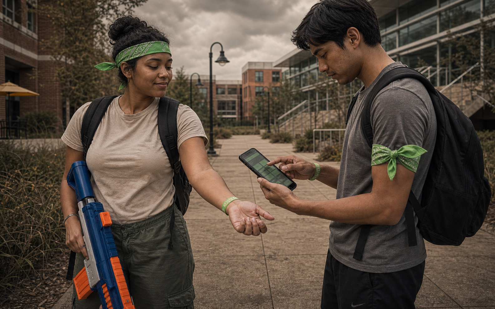 Human player showing a wristband while a zombie player records the tag on a phone