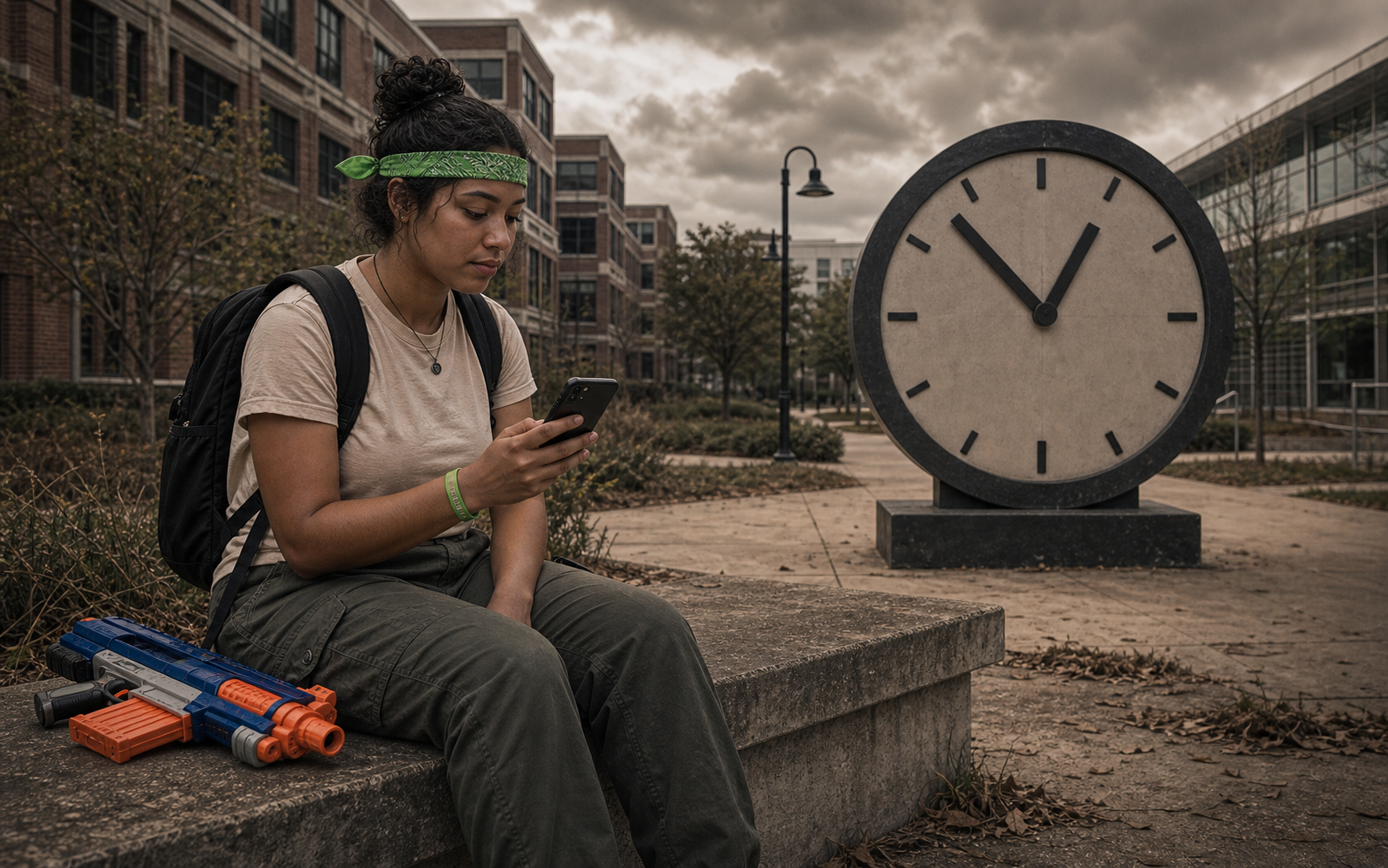 Tagged human player waiting during incubation near a large clock on campus