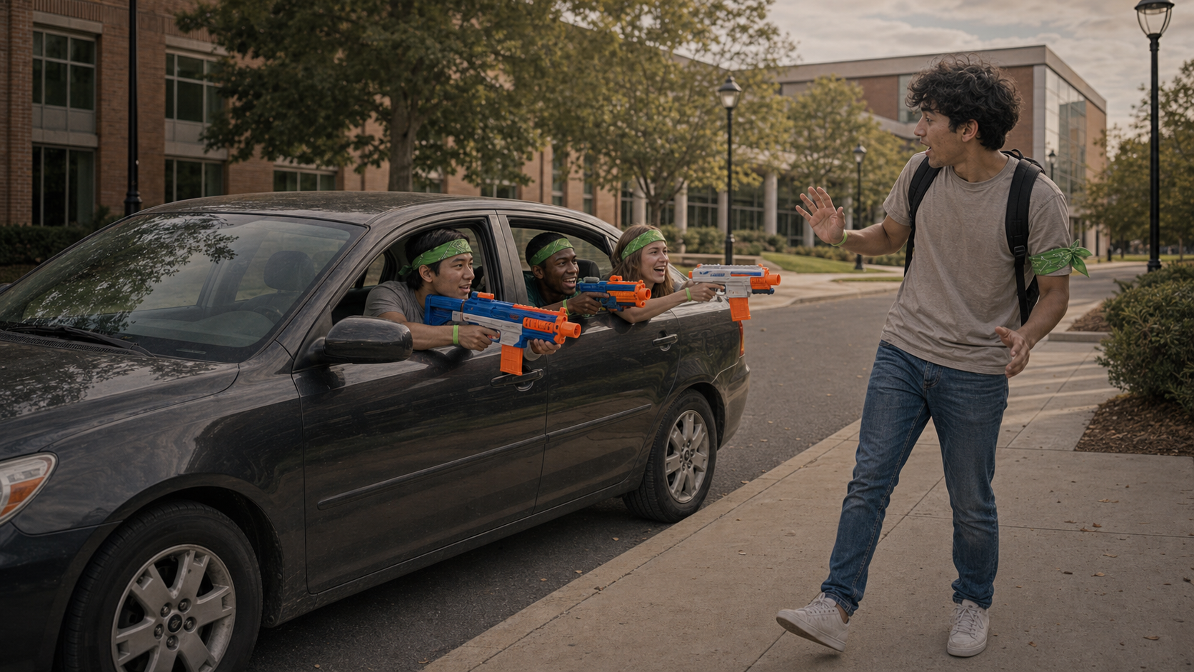 Human players aiming foam blasters from a car window at a nearby zombie player