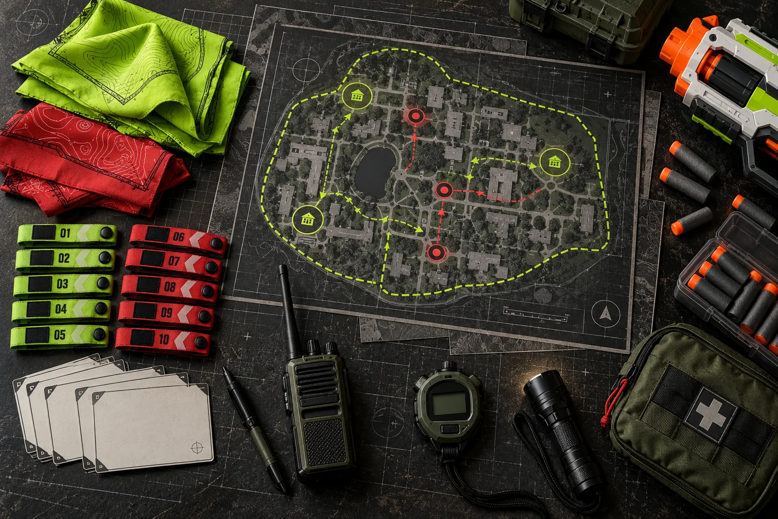 A prepared field kit with a campus map, safe zones, wristbands, bandanas, radio, and foam equipment