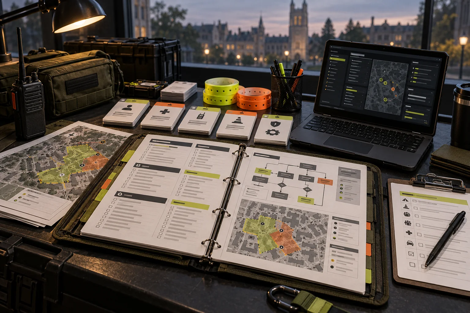 An operations binder, campus map, staff materials, and admin dashboard