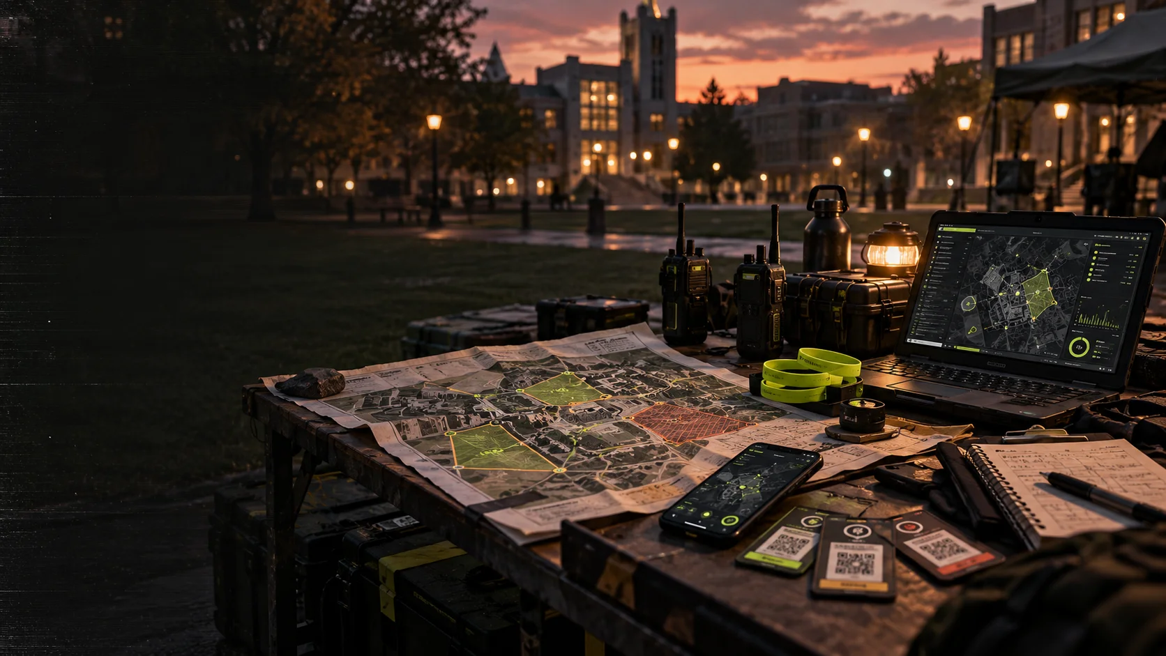 A fictional campus operations table with maps, radios, wristbands, and connected game technology